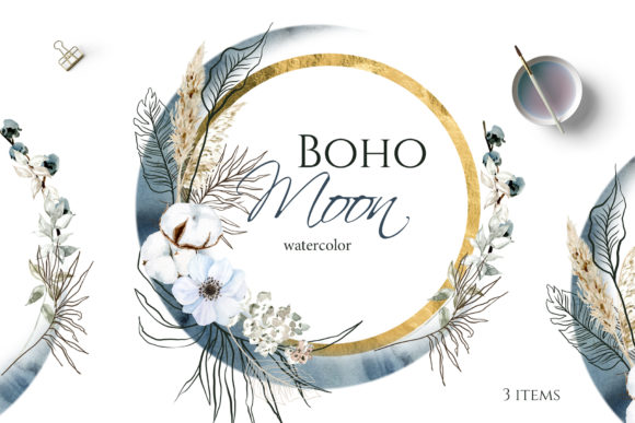 Download Boho Round Floral Frame with Blue Moon - Round Collection
